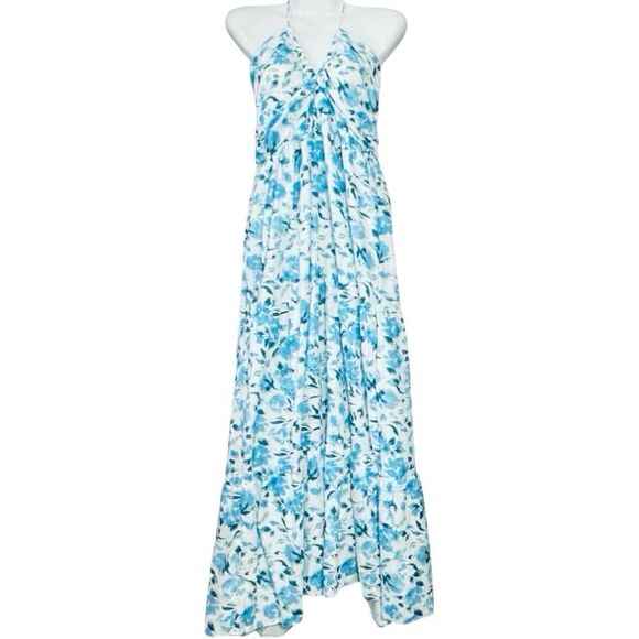 Blue and White Floral Halter Maxi Dress - Picture 4 of 11